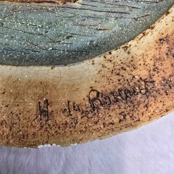 Vintage Signed Hubert Du Roscoat Pottery Art Wall Plate Cottagecore Schooner - Picture 3 of 11